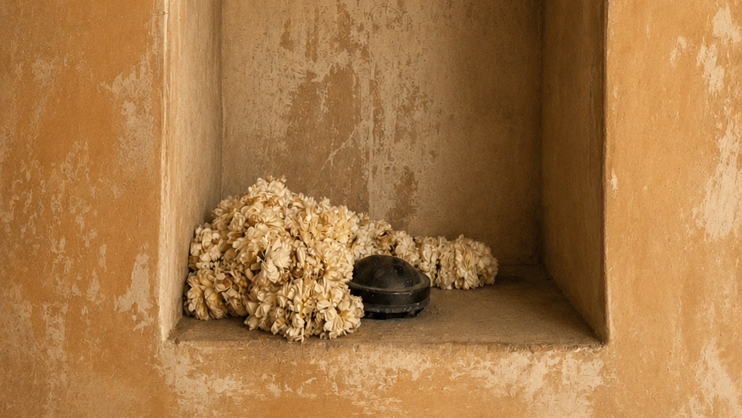 A rustic beige old jaipur wall with flower mala